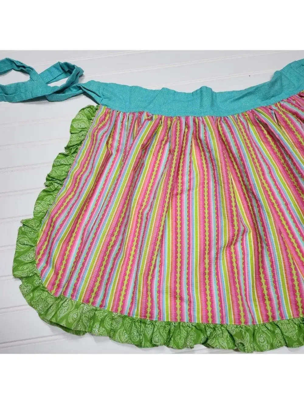 Colorful Handmade Striped Apron with Green Ruffle Trim
